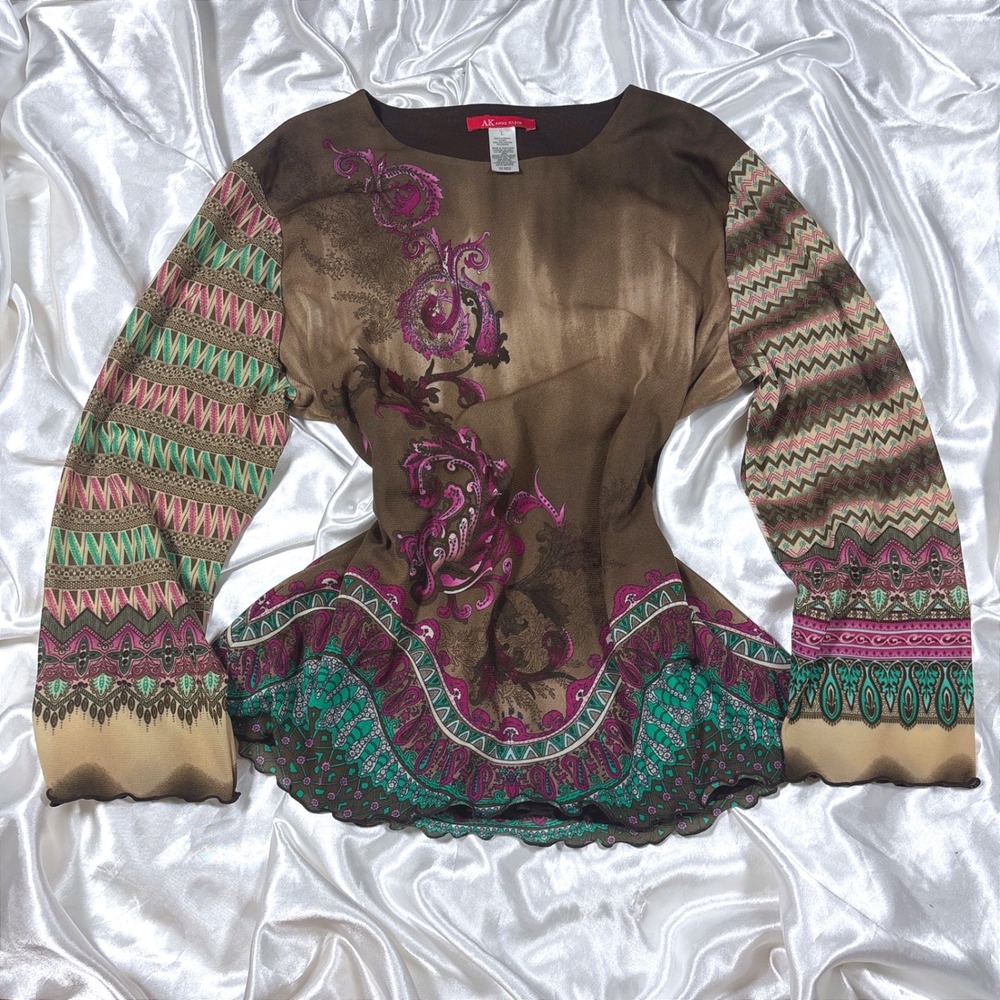 y2k AK Anne Klein Blouse Brown Excellent Paisley Lettuce Edge Long Sleeve Top